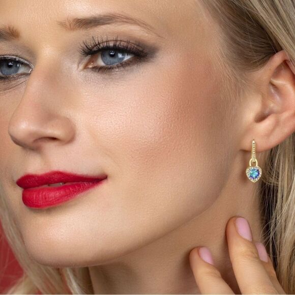 18K Yellow Gold 925 2.50 Cttw Mystic Topaz and White Sapphire Heart Earrings - Picture 3 of 4